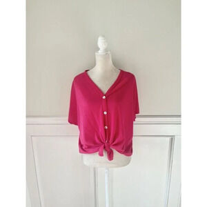 Aura Tie Front Pink Button Down Short Sleeve Blouse Top S